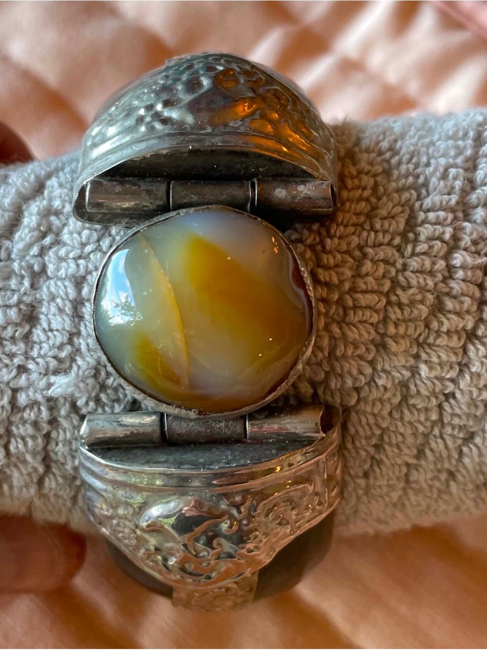 Sterling Silver Cuff Bracelet with Yellow-White Agate Cabochon